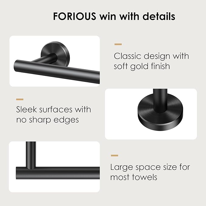 FORIOUS Towel Bar for Bathroom Wall Mounted, 304 Stainless Steel Towel Racks Includes Wall Mounting Hardware, Suitable for Bathroom, RV (Matte Black, 9 Inch)