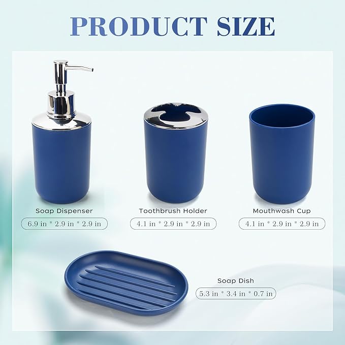 4 Pcs Bark Blue Bathroom Accessories Set,Bohemian Bathroom Toothbrush Holder Set.Include Soap Dispenser, Soap Dish, Toothbrush Holder, Mouthwash Cup, Modern Bahtroom Decor Set