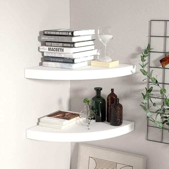 Floating Corner Shelves 2 Pack White 13.8x13.8x1.5 Inch Wall Mounted Honeycomb MDF & Metal Invisible Mounting System for Living Room Bathroom Bedroom Decor Storage