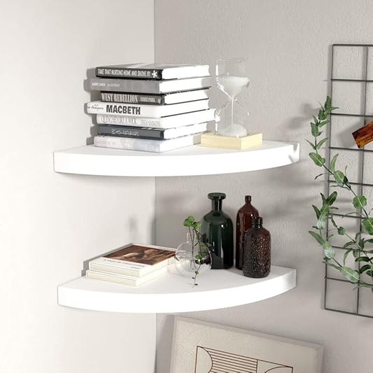 Floating Corner Shelves 2 Pack White 13.8x13.8x1.5 Inch Wall Mounted Honeycomb MDF & Metal Invisible Mounting System for Living Room Bathroom Bedroom Decor Storage