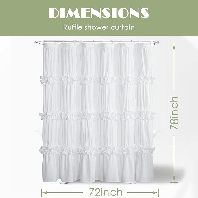 White Ruffle Shower Curtain, 72x78 Long Bathroom Curtain with 12 Buttonholes, Vintage Handcrafted Bow Tie Bath Curtain for Master Bathroom (LQ-10)