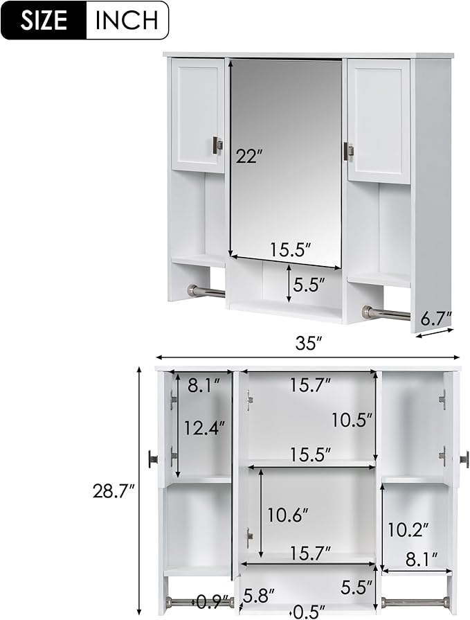Merax Medicine Cabinet with Mirror, Wall Mount Bathroom Cabinet 35" x 28" Over Toilet Storage Cabinet Organizer with Doors, Open Shelves, and Towel Bars, Mirrored Bathroom Wall Cabinet
