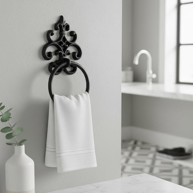 Comfy Hour Victorian Scroll Decorative Towel Ring, Heavy Duty Cast Iron Hand Towel Holder for Bathroom, Vintage Rustic Wall Mounted Metal Hanger, Aged Old Fashioned Black, 1 Unit