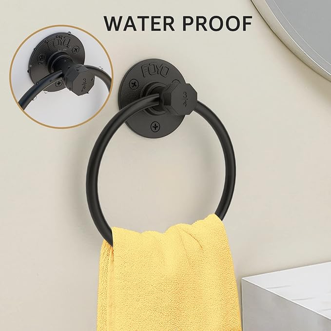 Industrial Towel Rings, Licperron Matte Black Pipe Hand Towel Rack, Wall Mounted Towel Holder for Bathroom 1PCS
