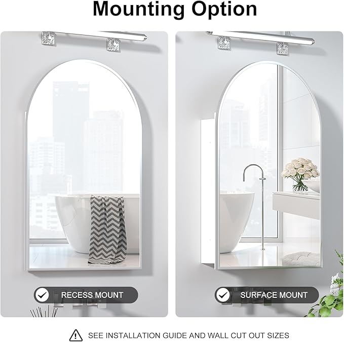 Recessed Medicine Cabinet with Mirror,Arched Medicine Cabinet for Bathroom,in Wall Bathroom Mirror with Storage,Brushed Nickel Mirrored Medicine Cabinets Wall Mounted,20x30