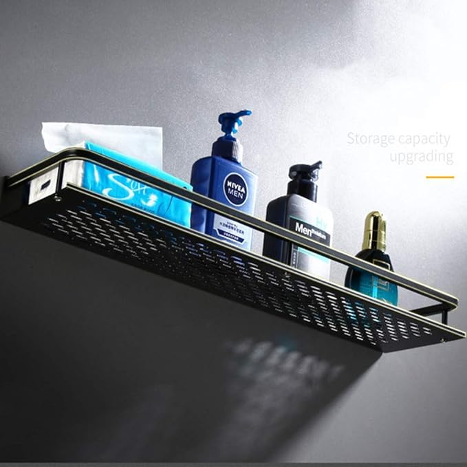 WFF Bathroom Shelf Black Aluminum Wall-Mounted Square Shampoo Cosmetic Shelves Kitchen Nets Storage Rack Organizer (Color : Black, Size : 50×12×4cm)