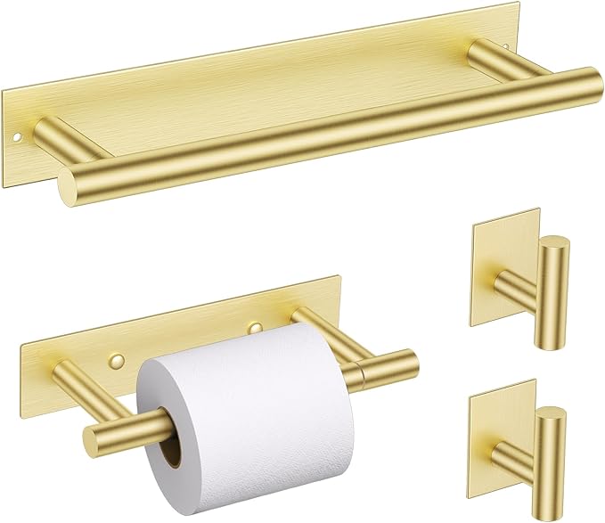 Lairuier 4-Piece Bathroom Hardware Set, Brushed Gold Towel Holder Set Include Adhesive or Screw Towel Bar, Toilet Paper Holder and 2 Towel Hooks, Stainless Steel Wall Mounted Bathroom Accessories