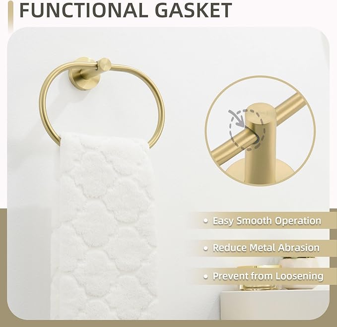 Angle Simple Towel Ring for Bathroom, SUS304 Stainless Steel Swivel Oval Hand Towel Ring Rack for Wall, Brushed Gold