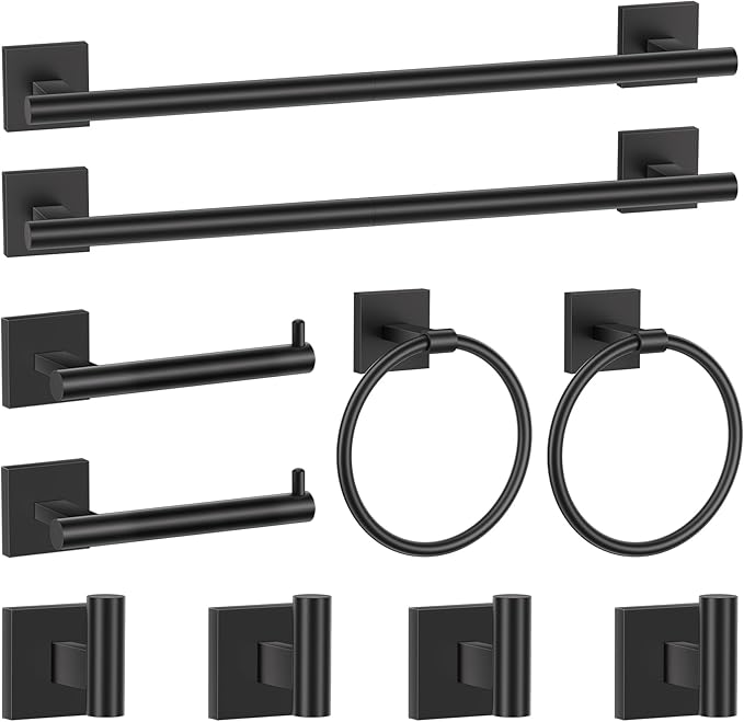 Matte Black Bathroom Hardware Accessories Towel Bar Set, 10 Pieces Bathroom Towel Bar Holder Set, 23.6 Inch Stainless Steel Toilet Paper Holder Towel Racks for Bathroom Wall Mounted
