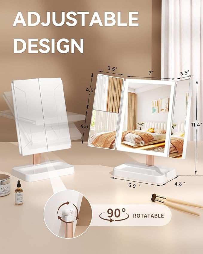 Trifold Vanity Mirror with Lights, 1X/2X/3X Magnification Makeup Mirror, 9" L x 14" W Large Desk Mirror, Ideal for Mom, Wife, Women & Teens