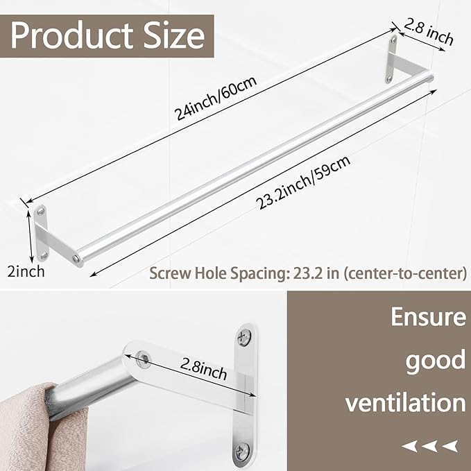 JUYSON 24 Inch Bathroom Towel Bar, Towel Racks for Bathroom Wall Mounted, Stainless Steel Heavy Duty Modern Single Towel Bar Holder Towel Rod Wall Mounted(Single Bar-Brushed Nickel,24 in)