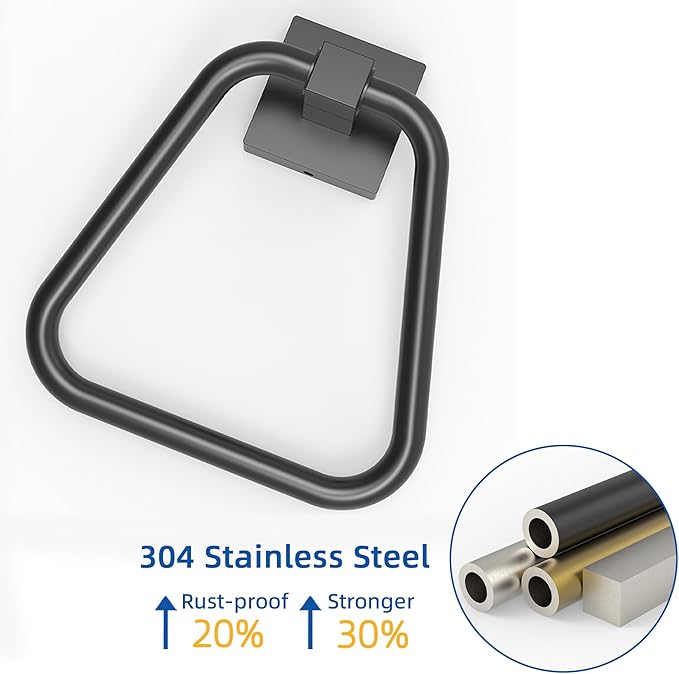 RUACQ Towel Ring, Square Base Hand Towel Ring, Stainless Steel Hand Towel Holder for Bathroom Wall, Sturdy and Rust-Resistant (Matte Black)