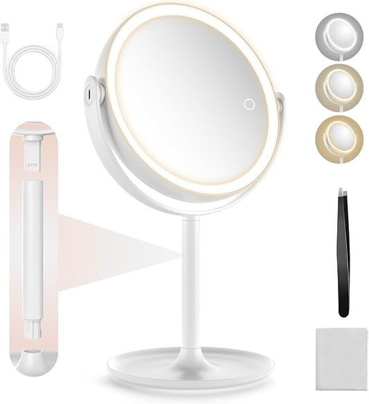 1X/10X Magnifying mirror with light，Magnifying Mirror with 3 Colors Lights,makeup mirror with lights,mirror for desk，Rechargeable double sided lighted makeup mirror,Brightness Adjustable 8.6"Large