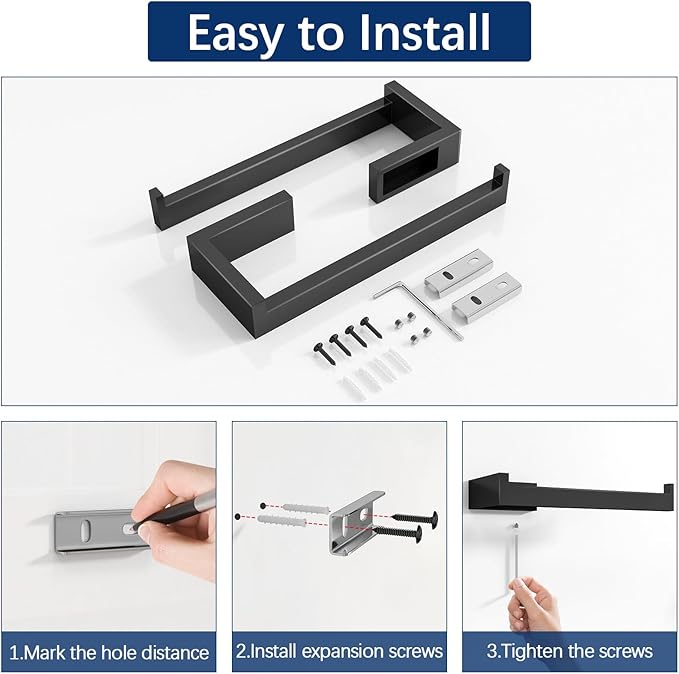 Gypie Hand Towel Holder for Bathroom Wall 2 Pack -Modern Towel Ring Square Hidden Mount with Dual Screws, Anti-Slip End, Stainless Steel, Matte Black