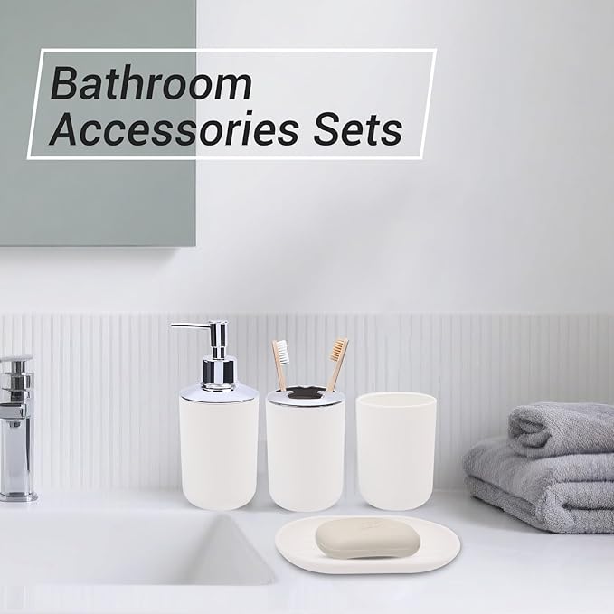 Matte White Bathroom Accessories Set, 4-Piece Plastic Bathroom Vanity Set with Soap Dispenser, Toothbrush Holder, Rinse Cup & Soap Dish, White Bathroom Counter Organizer