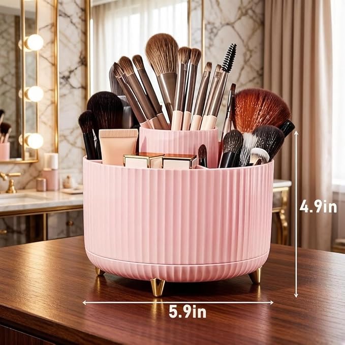 Makeup Brush Holder,360° Rotating Makeup Brush Organizer,5 Slot Make up Brushes Cup for Cosmetics,Large Capacity,For Nail Polish, Art Supply, Bathroom Vanity,Cosmetics Organizer,Pink