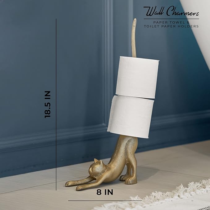 WallCharmers Gold Paper Towel Holder, Metal Toilet or Kitchen Paper Holder for Floor or Countertop, Gold Cat