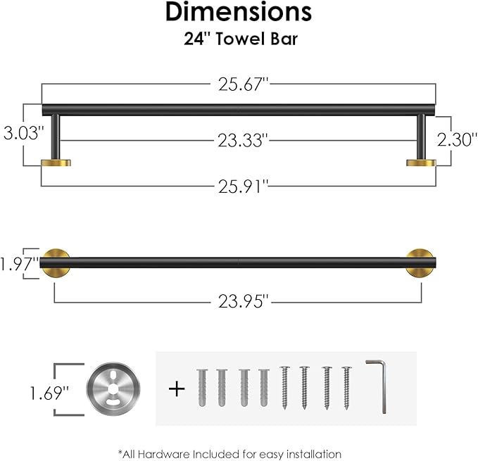 FORIOUS Black and Gold Towel Bar for Bathroom Wall, 24 Inch Stainless Steel Towel Racks for Bathroom, Includes Wall Mounting Hardware (Black and Gold,Total Length 26-Inch)