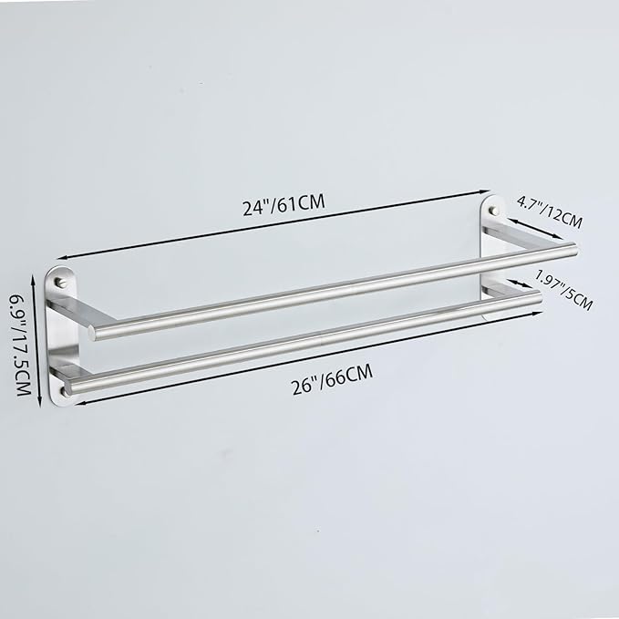Towel Rack for Bathroom, Double Towel Bar 24 Inch Wall Mounted, Brushed Nickel Stainless Steel Bathroom Towel Holder(Total Length 26-Inch)