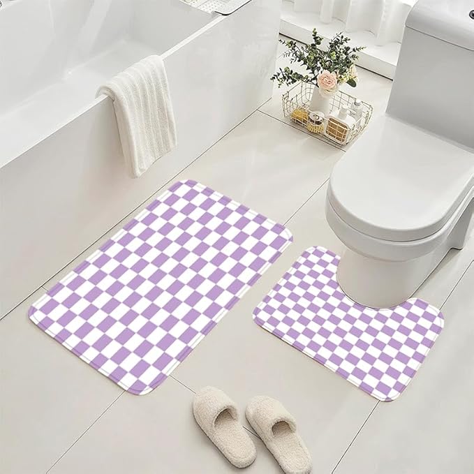 4 PCS Checkered Shower Curtain Sets Fun Gingham Bathroom Sets Soft Non Slip Bath Rugs Toilet Cover U-Shaped Mat Retro Bright Waterproof Shower Curtains with 12 Hooks for Tub Toilet, Purple