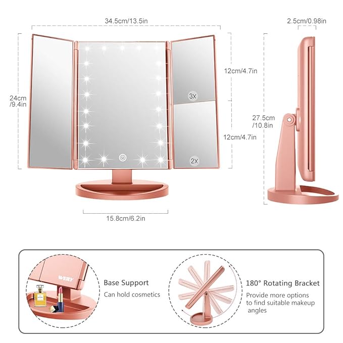 WEILY Makeup Mirror with 21 LED Lights,Two Power Supply, Touch Screen and 1x/2x/3x Magnification Tri-Fold Vanity Mirror for Makeup Desk(Rose Gold)