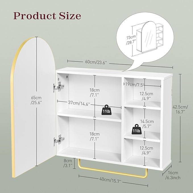 RALGEND Bathroom Arched Medicine Cabinet with Mirror, Modern Bathroom Wall Mounted Mirrored Cabinet with Adjustable Shelves and Storage, White and Gold