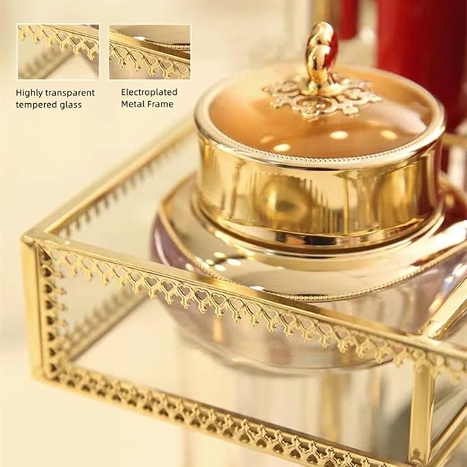 Yamfurvo 360 Degree Rotation Makeup Organizer Antique Countertop Cosmetic Storage Case, Glass Beauty Display, Gold Spin Large Capacity Holder for Brushes Lipsticks Skincare Toner