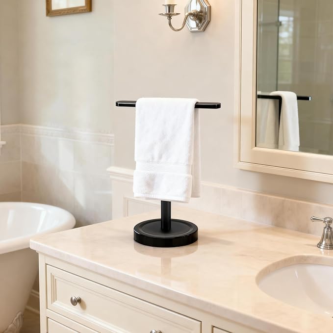 Heavy Duty Hand Towel Holder Stand, Stainless Steel Hand Towel Holder Rack for Bathroom Countertop, Weighted Base T-Shape Free Standing Towel Bar for Bathroom Kitchen Vanity Countertop, Matte Black