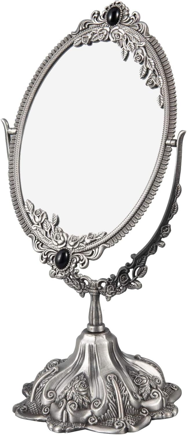 Guppy Small Metal Vintage Makeup Mirror, Floral Tabletop Oval Cosmetic Mirror, Vintage Swivel Double Sided Cosmetic Mirror, with Embossed Frame Base, Retro Mirror for Dressing Room Bedroom-Silver
