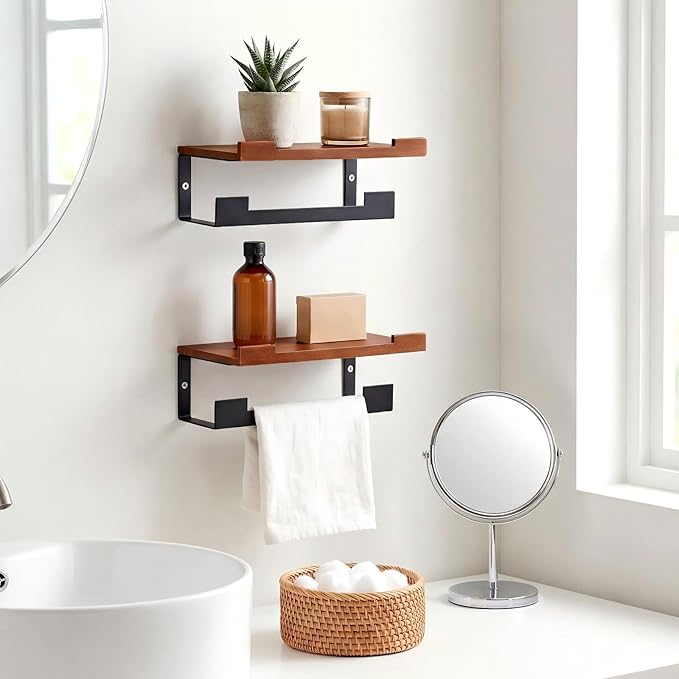 2 Pack Hand Towel Holder/Towel Ring with Wooden Shelf, 9.3 Inch Metal Bath Accessories Wall Mounted Household Decor Hand Towel Hanger for Bathroom Washroom Living Room