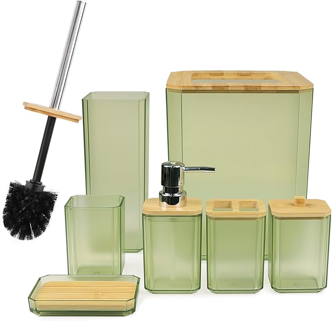 CERBIOR Bathroom Accessories Set 7 Piece Bath Ensemble Includes Soap Dispenser, Toothbrush Holder, Toothbrush Cup, Soap Dish for Decorative Countertop and Housewarming Gift (Green)