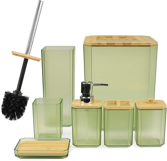 CERBIOR Bathroom Accessories Set 7 Piece Bath Ensemble Includes Soap Dispenser, Toothbrush Holder, Toothbrush Cup, Soap Dish for Decorative Countertop and Housewarming Gift (Green)