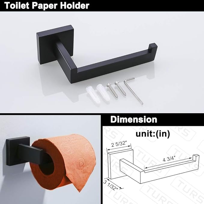 TURS 4-Piece Bathroom Hardware Set Black Towel Bar Set Stainless Steel Towel Bar Hand Towel Holder Toilet Paper Holder Towel Hooks Wall Mount
