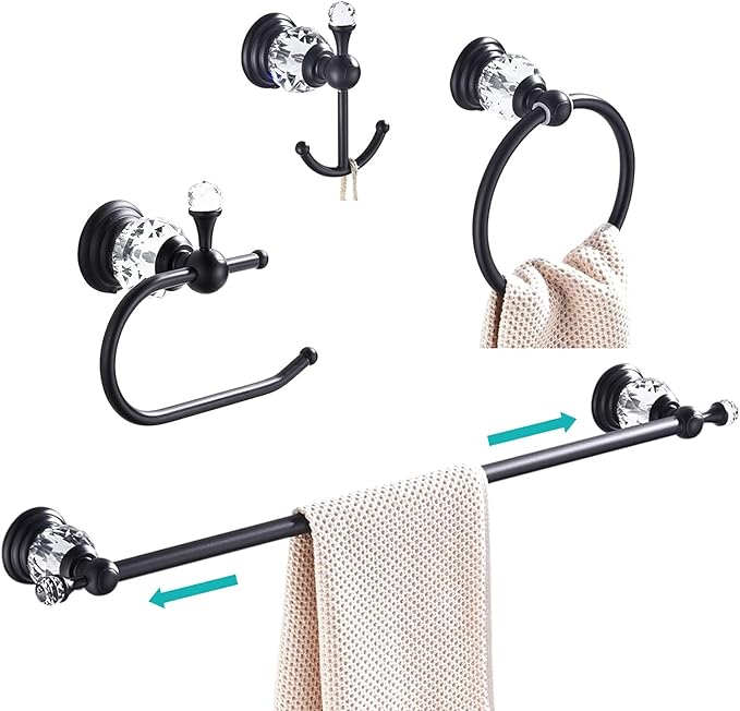 WOLIBEER Crystal Bathroom Hardware, Black 24 Inch Towel Bar Set Toilet Paper Holder Towel Ring Coat Hooks Bathroom Accessories 4 Pieces Wall Mounted