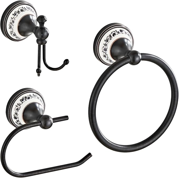 Black Towel Ring Clothes Hook Tissue Holder Three Piece Set, Bathroom Kitchen Antique Three Piece Set,Wall Mounted Bathroom and Kitchen Supplies YIGUANXIN
