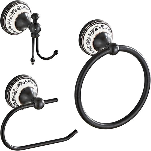 Black Towel Ring Clothes Hook Tissue Holder Three Piece Set, Bathroom Kitchen Antique Three Piece Set,Wall Mounted Bathroom and Kitchen Supplies YIGUANXIN