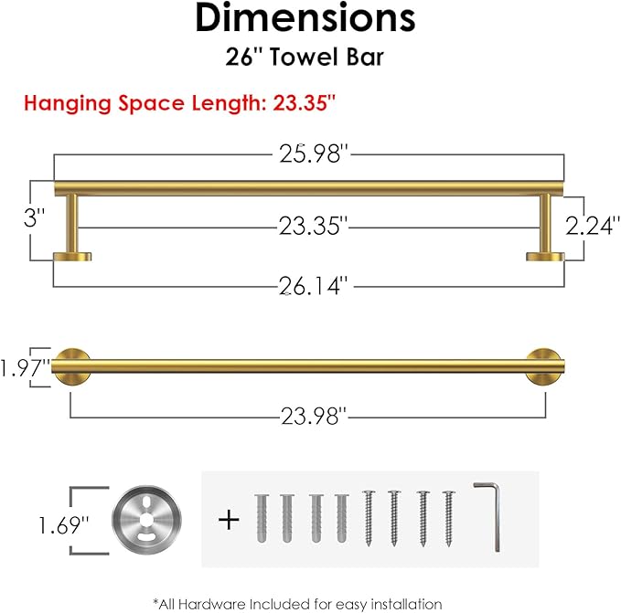 FORIOUS Towel Bar Wall Mounted, Stainless Steel Towel Racks for Bathroom, Includes Wall Mounting Hardware (Brushed Gold, 26 Inch)