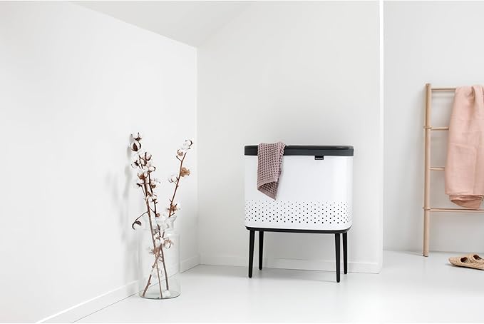 Brabantia Bo Laundry Hamper (White) Removable Laundry Bag 16 Gal, Ventilated Stylish Discreet Dirty Clothes Holder, Flat Back, Anti-Rust Materials for Bathroom Use