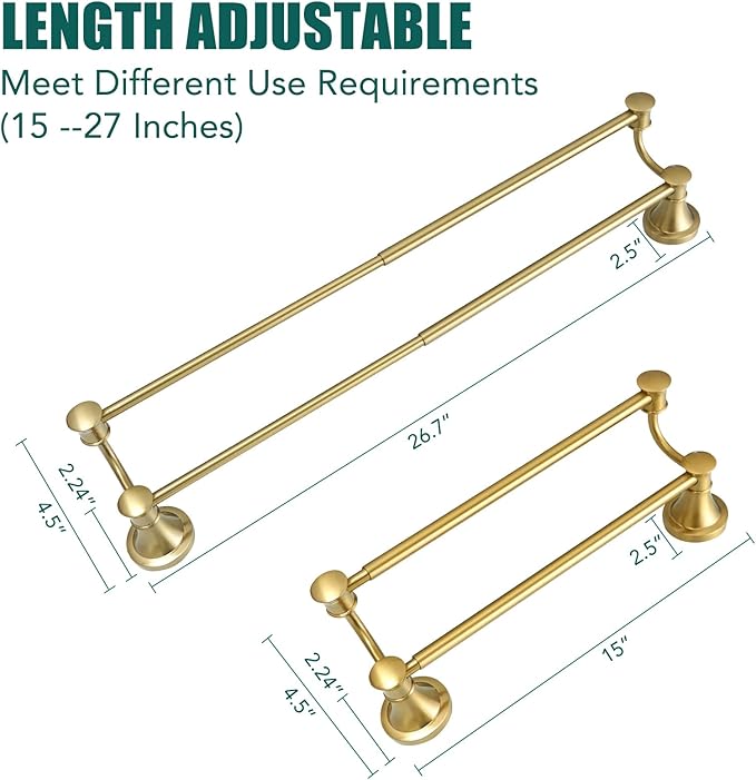 Hoimpro Adjustable Retractable 15-27 Inches Stainless Steel Bathroom Towel Bar, Bathroom Accessories Bath Hotel Double Towel Bar Rod Hanger Wall Mounted Towel Holder Towel Rack, Brushed Gold