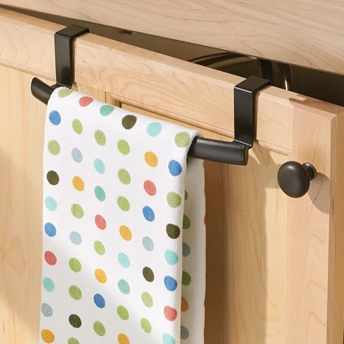 mDesign Steel Over Door Curved Towel Bar Storage, Hanger for Cabinet or Cupboard, Holder Rack for Kitchen, Bathroom - Holds Hand/Dish Towels, Washcloths - Spira Collection - Bronze
