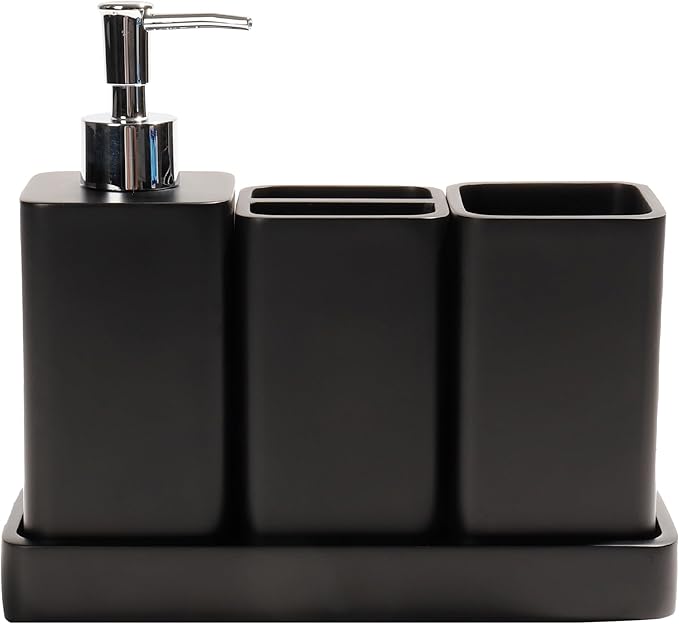 YMXYJM Bathroom Accessories Set, 4 Pcs Bathroom Accessory Set, Soap Dispenser, Toothbrush Holder, Qtip Holder Set, Bathroom Sets Complete, Bathroom Sink Set for Modern Home Decor, Black