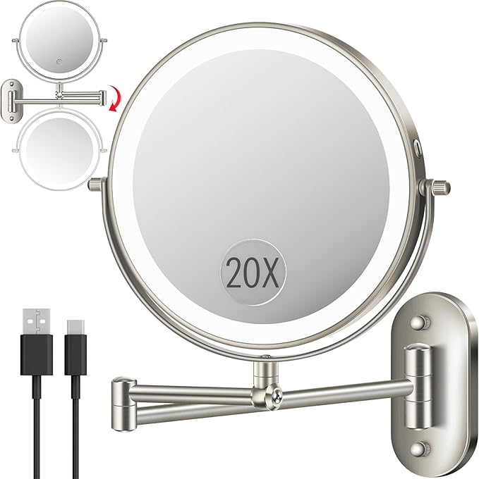 vpu 9" Wall Mounted Makeup Mirror with Light, 20X/1X Height Adjustable Double Sided Magnifying Bathroom Lighted Mirror, 3 Color Touch Dimmable Extended Arm 360 Rotation Light up Magnification Mirrors