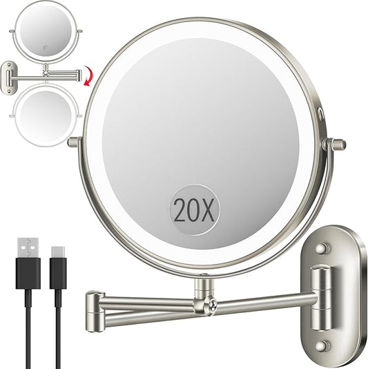 vpu 9" Wall Mounted Makeup Mirror with Light, 20X/1X Height Adjustable Double Sided Magnifying Bathroom Lighted Mirror, 3 Color Touch Dimmable Extended Arm 360 Rotation Light up Magnification Mirrors