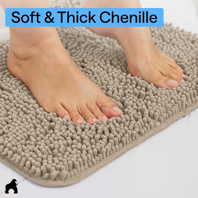 GORILLA GRIP Bath Rug Mat 36x24, Thick Absorbent Chenille, Quick Dry Microfiber Mats, Rubber Backing Washable Shower Floor Rugs, Bathmat Runner, US Designed Bathroom Home Decor Accessories Gray Beige