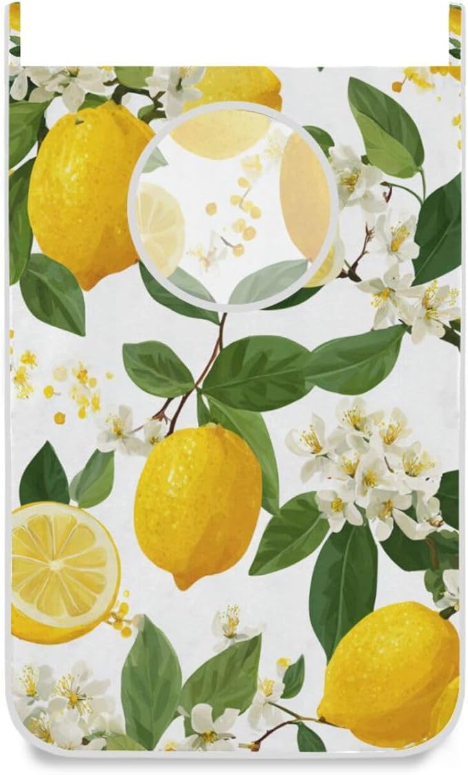 Lemon Branch Flower Hanging Laundry Hamper Door Hampers Bag Basket with Stainless Steel Hooks Oxford Fabric Printing Decorative Clothes Bags 29.5X20inch 2Pack