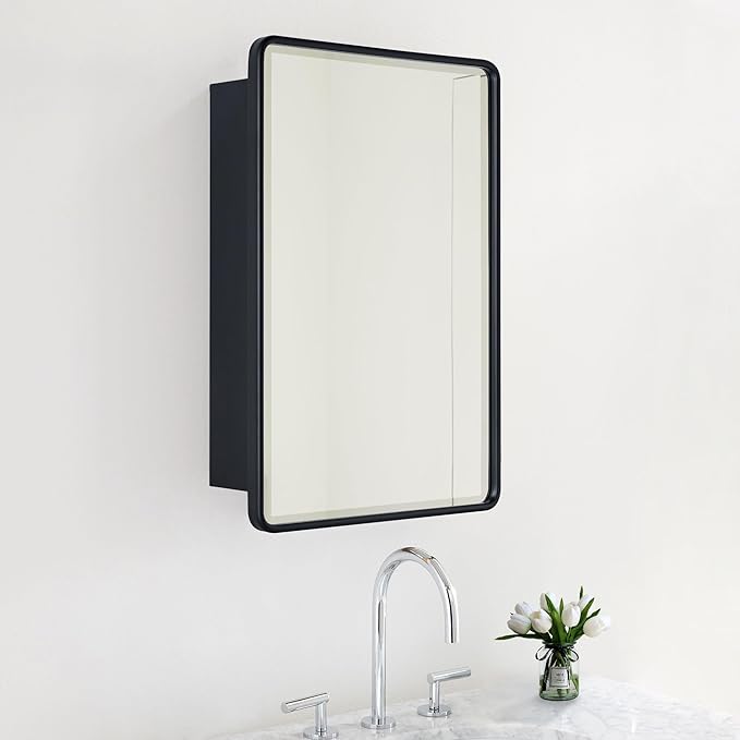 TEHOME Surface Mount 16.5x27.5'' Black Bathroom Medicine Cabinet with Mirror Matt Black Metal Framed Rounded Rectangle Medicine Cabinet with Beveled Mirror 3 Adjustable Glass Shelves