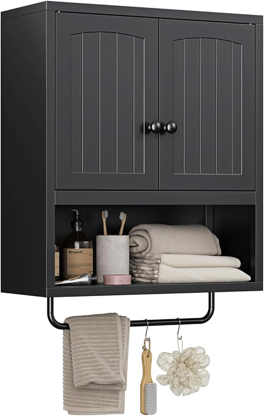 Letaya Metal Bathroom Wall Cabinet with 2 Doors,Medicine Cabinet with Towel Rack,Wall Mounted Storage Cabinet (Black)