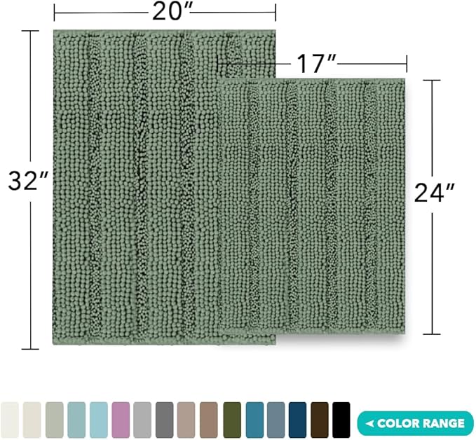 Turquoize Chenille Bathroom Rugs Set Non-Slip Bath Mats for Bathroom Extra Soft and Absorbent Shaggy Bath Mats for Bathroom Floor Indoor Mat for Kitchen/Entryway (20" x 32" and 17" x 24"), Green Bay