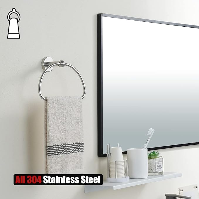 JQK Towel Ring, Stainless Steel Half Ring Towel Holder for Bathroom, 7 Inch Brushed Finished Wall Mount, TR160-BN