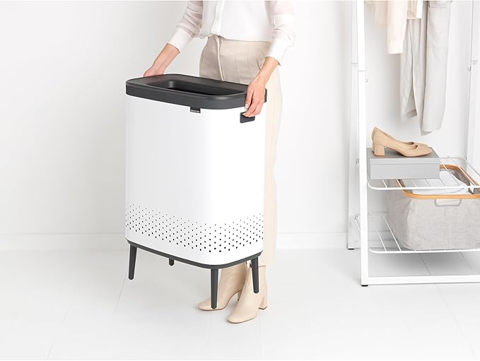 Brabantia Bo Laundry Hamper Hi (White) 2 Compartment Removable Laundry Bag 2 x 12 Gal, Ventilated Stylish Dirty Clothes Holder, Flat Back, Off-the Ground, Anti-Rust Materials for Bathroom Use